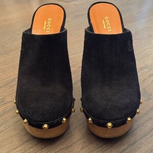 Gucci Black Suede Mules with Gold Accents